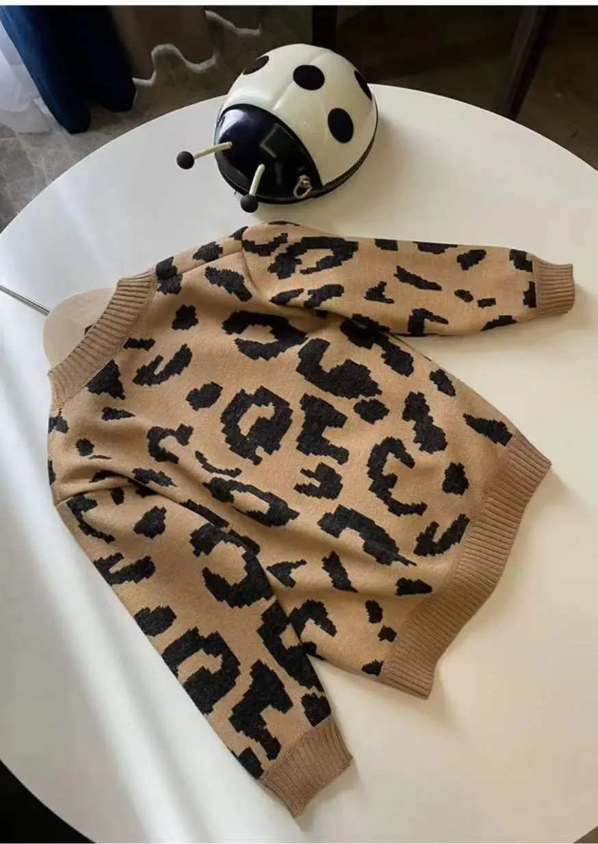 Boy Girl Sweater Autumn Winter 2024 New Leopard Print Cardigan Lovely Casual Simple Fashion Sweet Korean Active Vintage Comfort