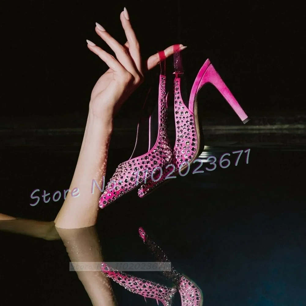 

Crystal Pointy Slingback Sandals Women Outfit Pink Stiletto High Heels Shoes Elegant Office Lady Bling 2023 Summer Evening Shoes