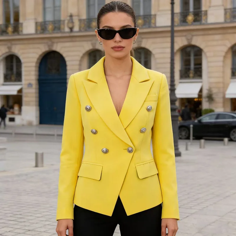 Women's Yellow Double-Breasted Blazer, Silver Button Slim Fit British Style Office Commuter Jacket view 2
