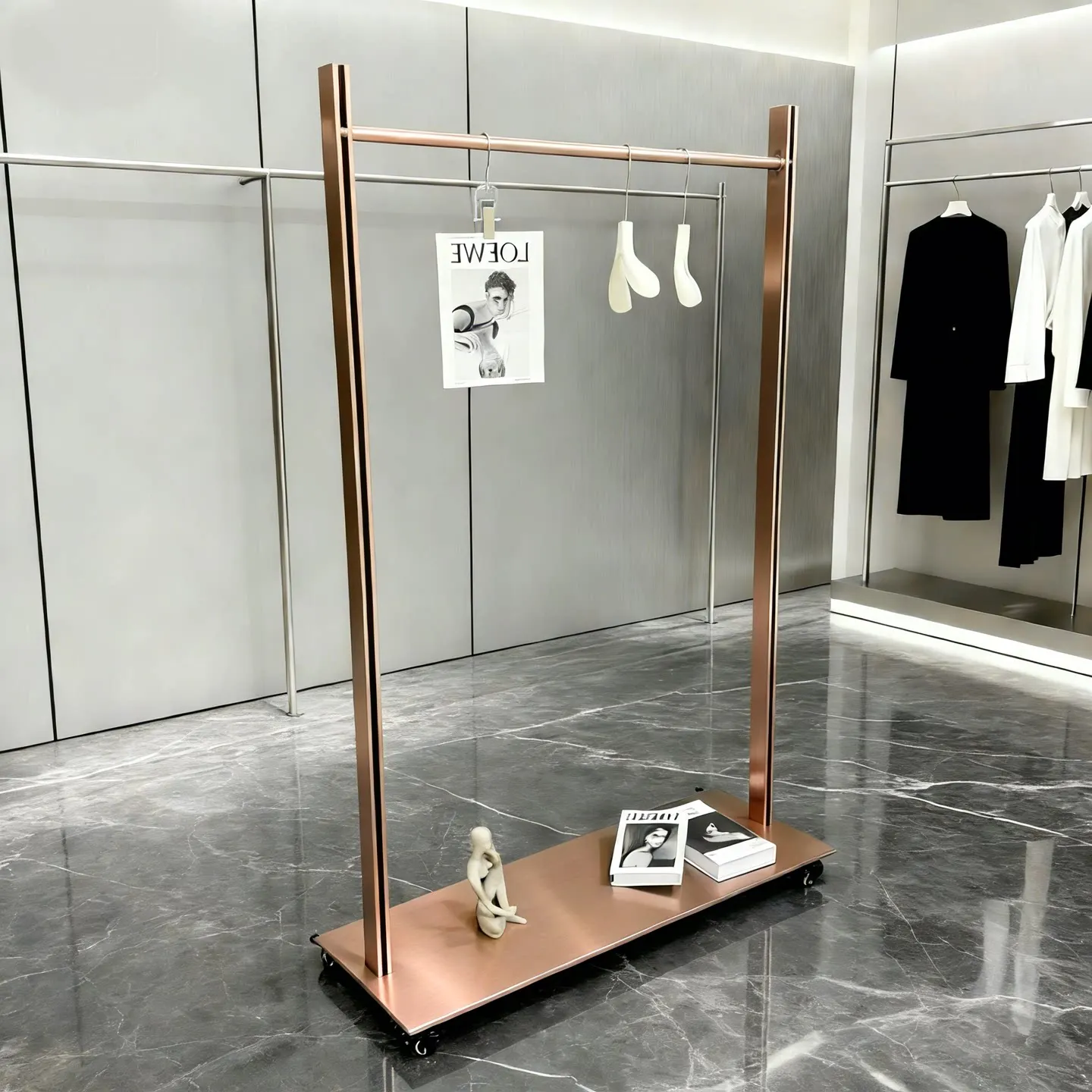 

Стеллаж для демонстрации одежды в магазине, напольный, из нержавеющей стали, цвета розового золота, для мужской и женской одежды.