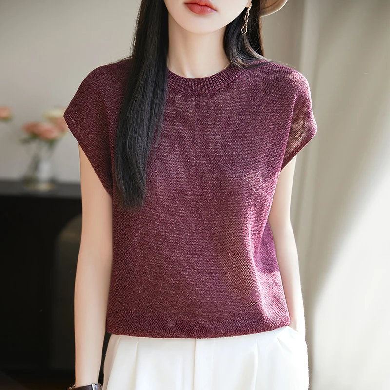 

Women Summer Pure Silk T-shirt Sweater Round Collar Sleeveless Knit Pullover Spicy Girl Outfit Tees Slim Bottoming Wear Tops