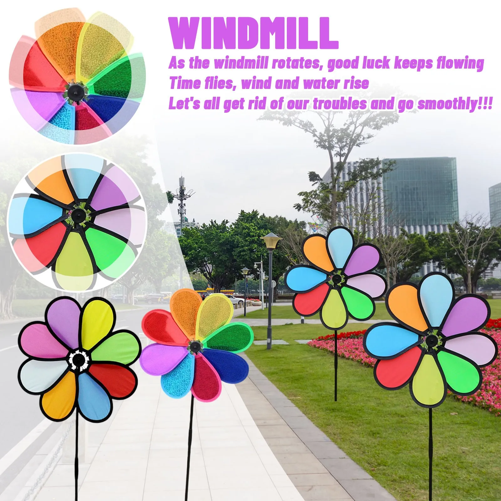 New Colorful Rainbow Flower Spinners Wind Windmill Garden Yard Outdoor Decor Sparkly Pinwheels For Yard Scare Birds Away