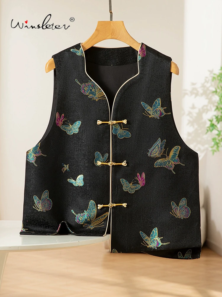 

Winsleter-100%Real Silk Song Brocade Elegant Vest Coat, V Neck Jacquard, Women Retro Commute Waistcoat, 2025 Autumn New C5O706CC