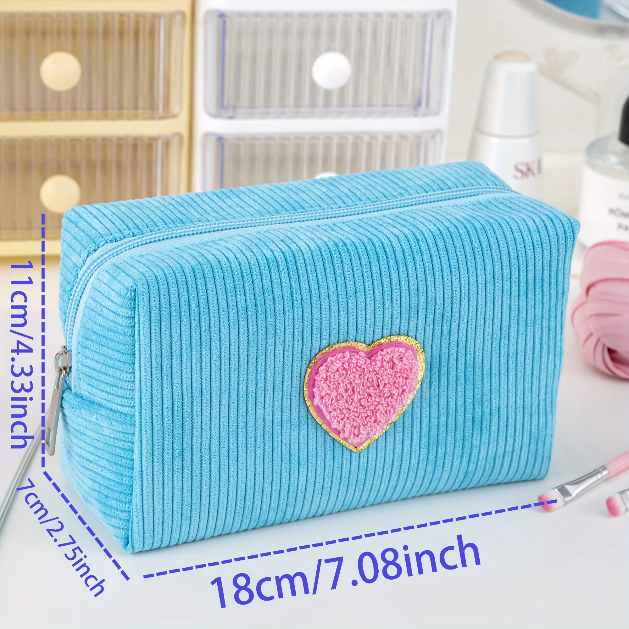 NEW Women Corduroy Skincare Makeup Pouch Cosmetic Bags Travel Zipper Pouch Makeup Organizer Stuff with Heart Plan Chenill Patch