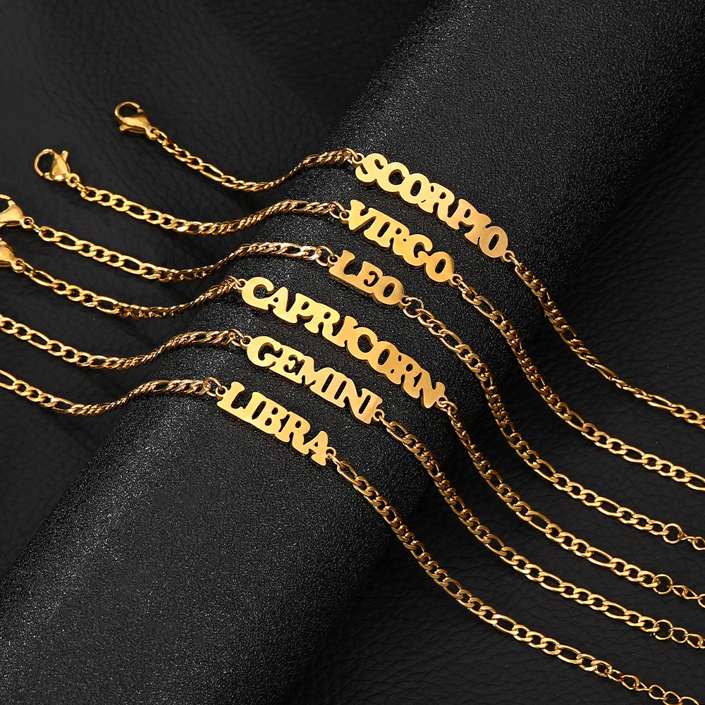 12 Zodiac Sign Letter Stainless Steel BraceletAries Taurus Gemini Cancer Leo Virgo Libra Scorpio Aquarius Pisces Chain Bangle