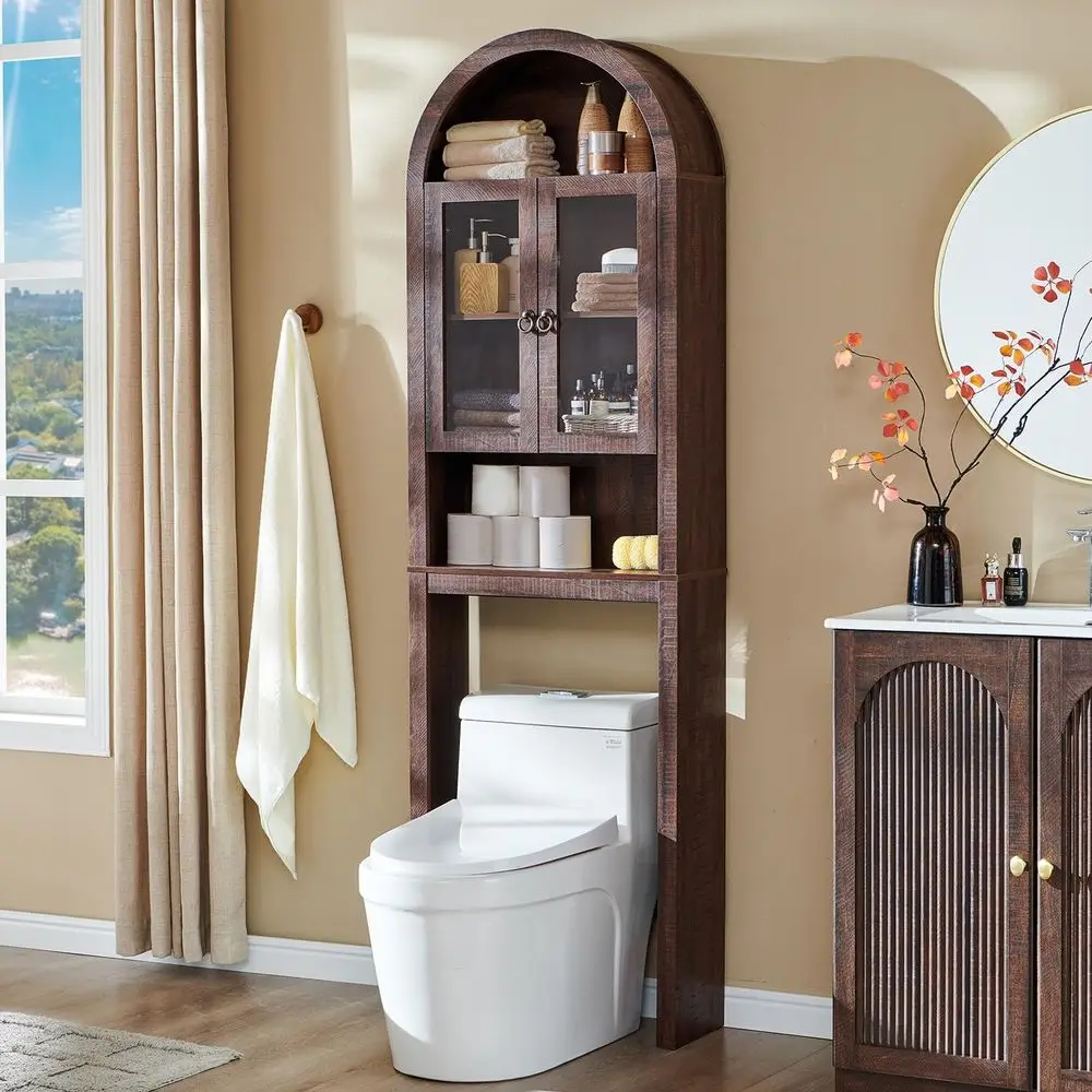 

Over-the-Toilet Storage Cabinet with Acrylic Door, Wooden Bathroom Organizer with Adjustable Shelves, Space-Saving Walnut Finish