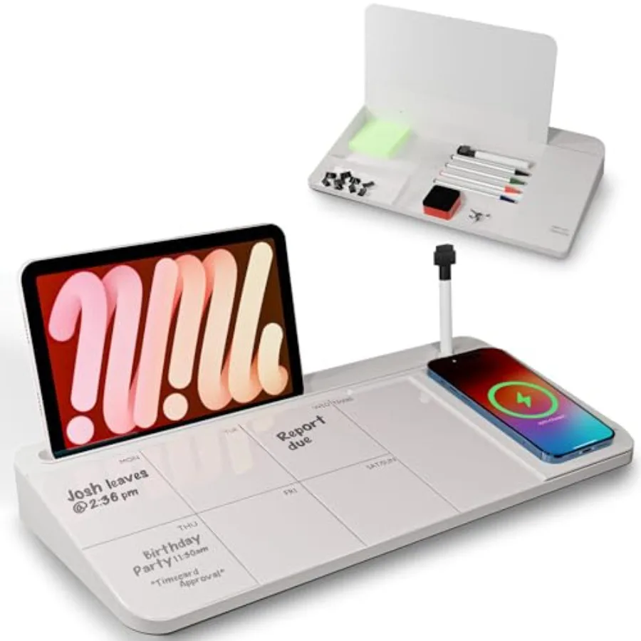 NEXTLUXE Glass Desk board with Wireless Charger - Desktop board with Storage, Weekly Planner, Dry Erase Pad, Organizer Drawer f