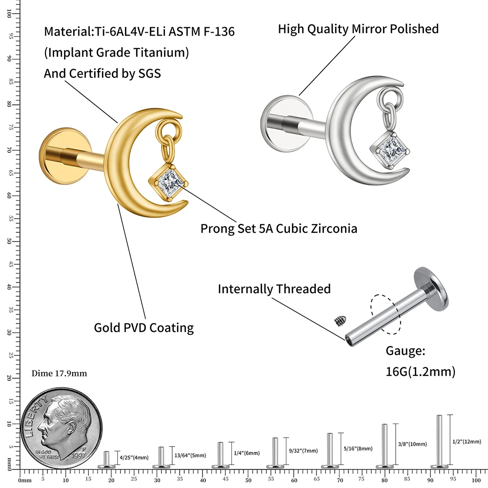 Right Grand ASTM F136 Titanium 16G CZ Moon Cartilage Earring Tiny Crescent Moon CZ Dangle Helix Tragus Conch Stud Ear Piercing