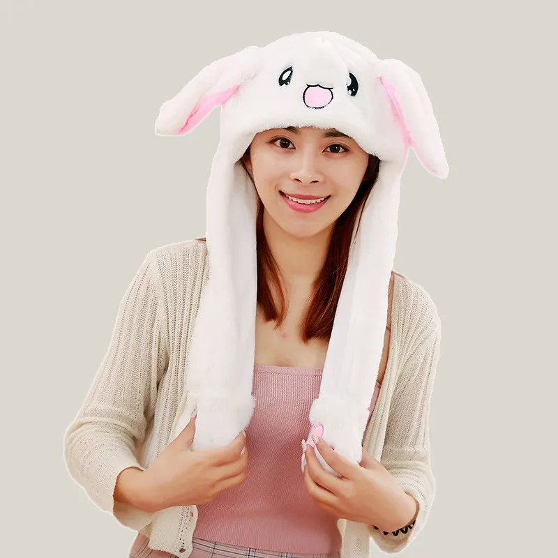 Plush Moving Ear Rabbit Hat Men Women & Kids Funny Hand Pinching Airbag Magnet Ear To Move Vertical Ear Cap Cute Animal Creative