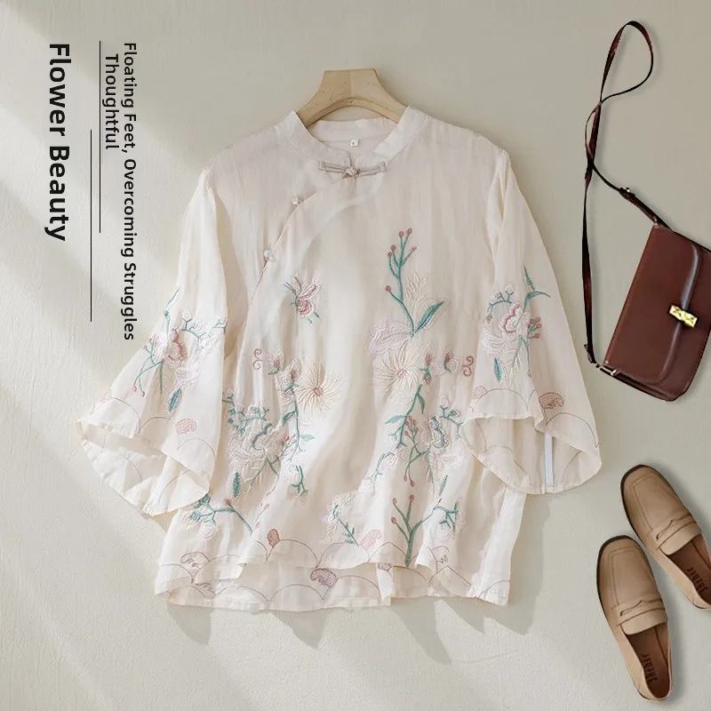 

Korean Style Women's Large Size Spring Summer New Embroidered Cotton Linen T-Shirt Chinese Style Button Base Shirt Top