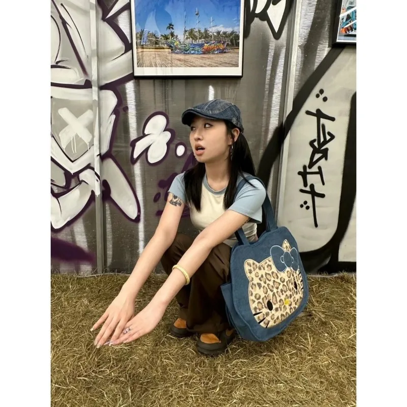 MBTI Hello Kitty Womens Tote Bag Vintage Y2k Large Capacity Canvas Korean Fashion Shoulder Bag Travel Leopard Print New Handbag