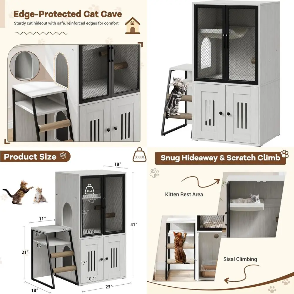 

2-Tier Enclosed Cat Litter Box with Door, Hidden Storage, and Ladder, White