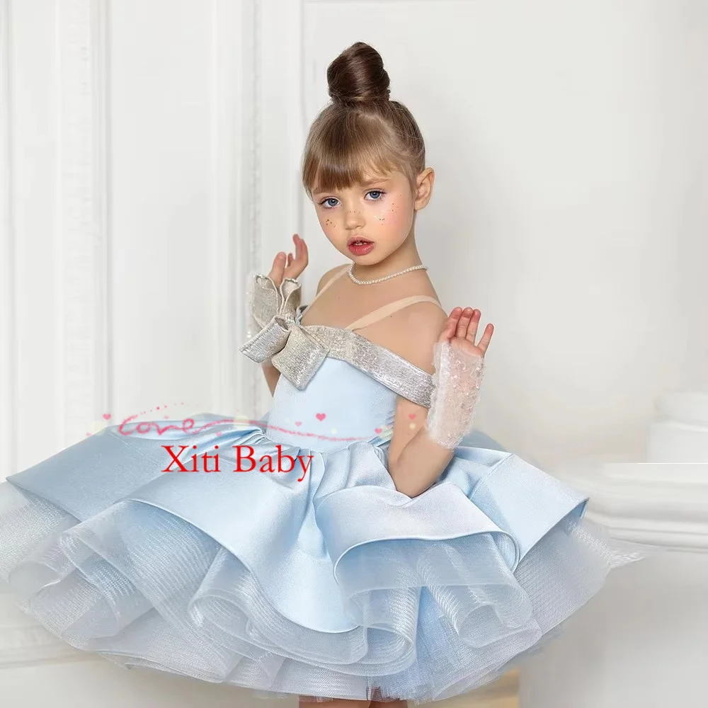 Puf Büyük Yay Çiçek Kız Elbise Pelerin Prenses Balo Bebek Kız Doğum Günü Partisi Elbiseler Glitter İlk Communion Elbise