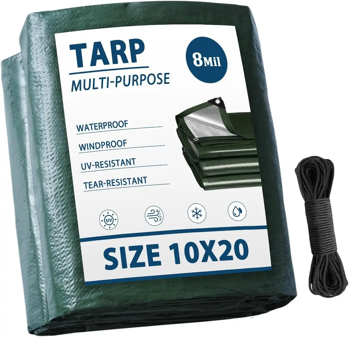 

Waterproof Tarp 10x20 Multi-Purpose Green Camping Tarps 8Mil Thick with Reinforced Grommets for Under Pool, Emergency Rain Cover