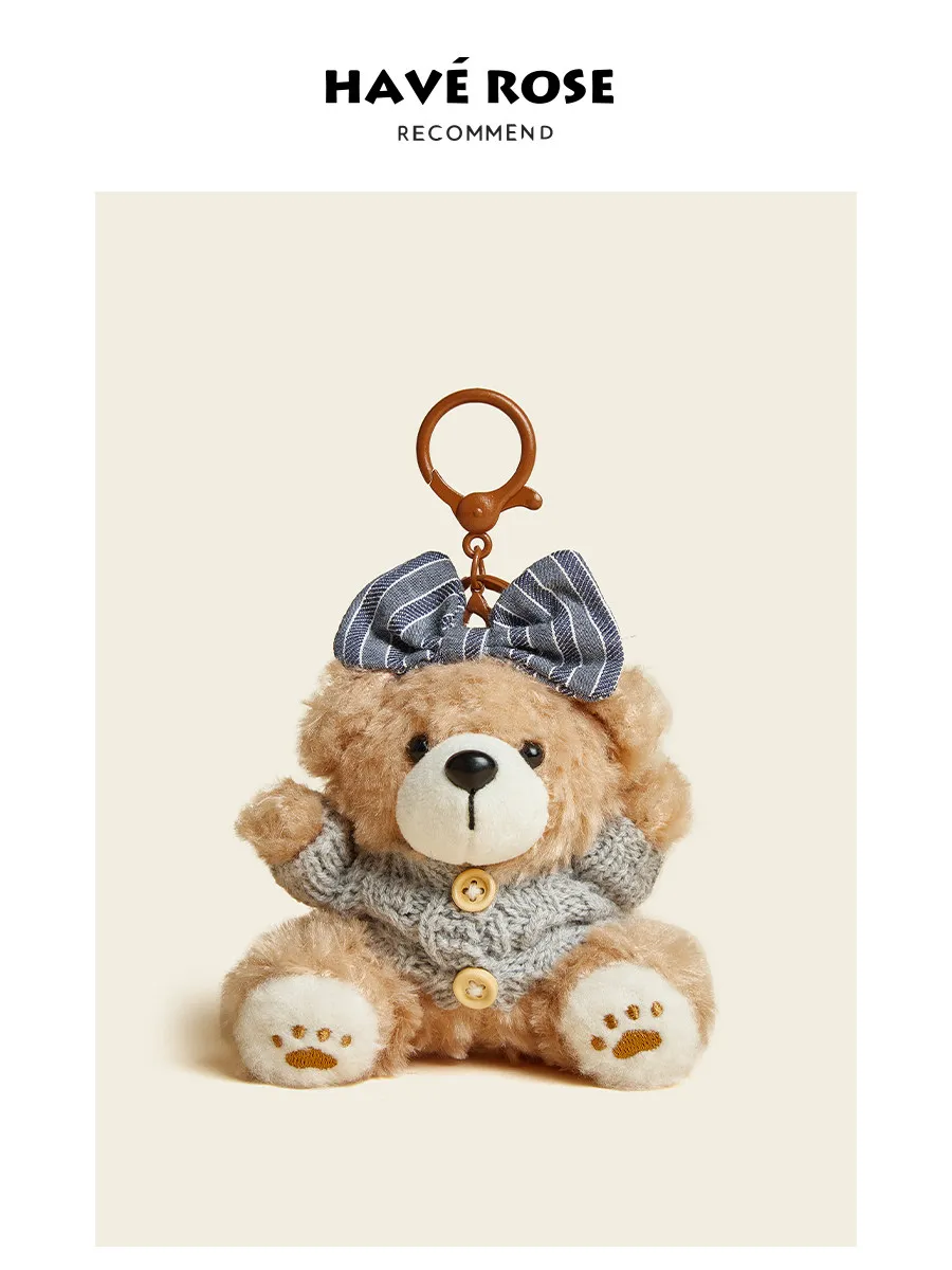 

Плюшевый брелок-мишка HAVE ROSE Premium Fluffy Teddy Bear с вязаным свитером и клетчатым бантом, подвеска для сумки/рюкзака для детей и взрослых