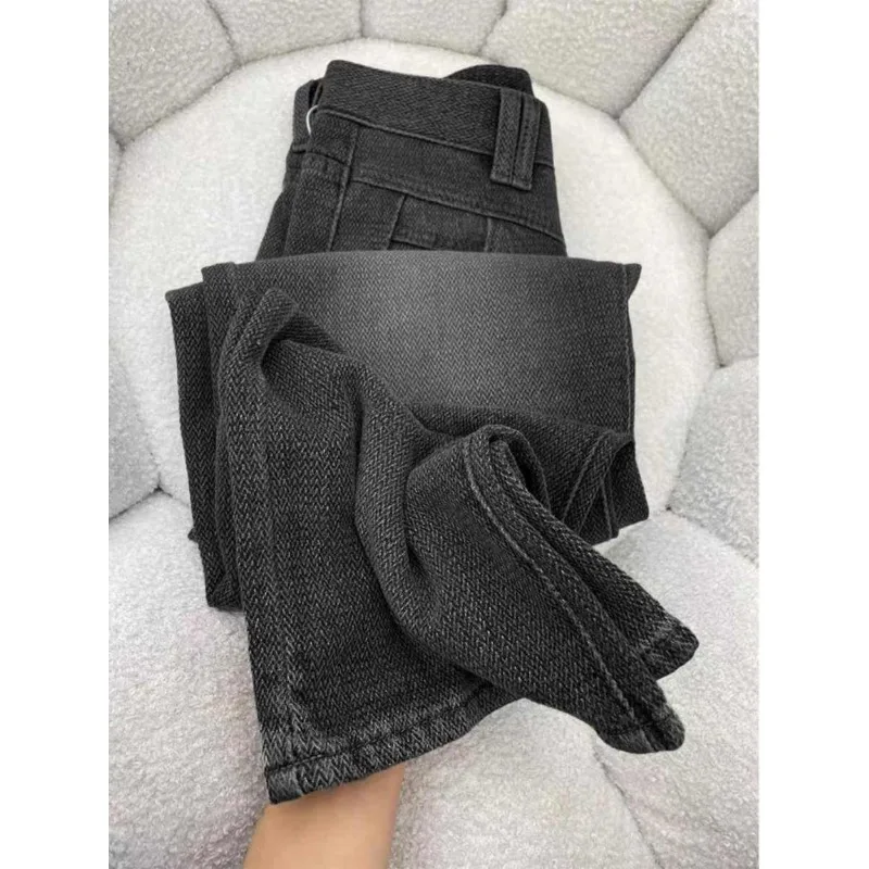 Schwarze Jeans mit geradem Bein für Damen, neuer Herbststil, Übergröße, mollige Mädchen, hoch taillierte, hüftbedeckende, lange Hosen mit Sternenhimmel und weitem Bein