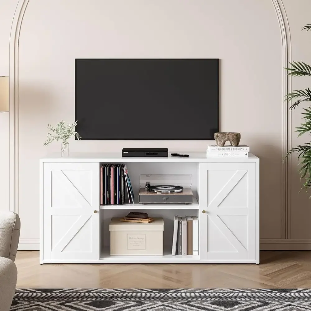 65 TV Stand with Storage Cabinets and Adjustable Shelves, White Entertainment Center for Living Room