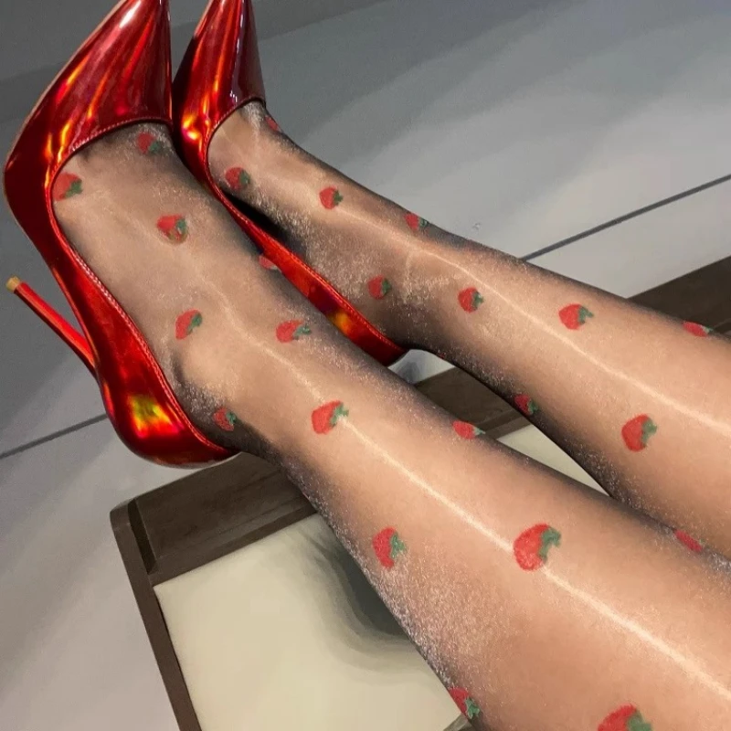 Women Sexy T-shape Open Crotch Tights Oil Glossy Strawberry Print Nylon Pantyhose 5D Transparent Foot Shaped Stockings