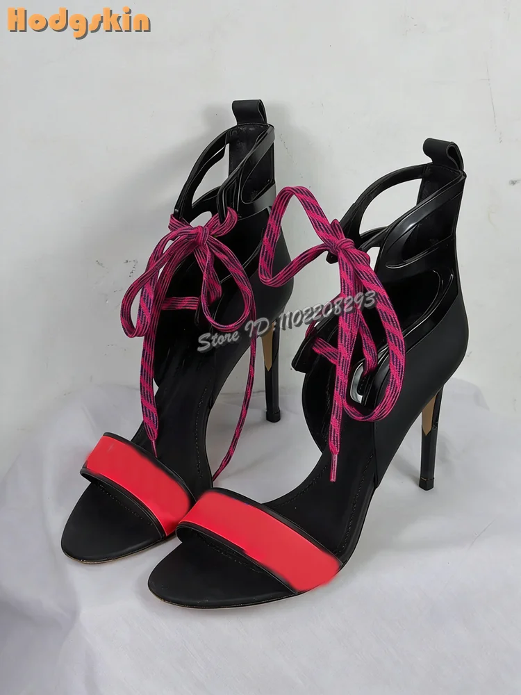 

Retro Red Patchwork Gladiator Sandals Round Toe Colorful Cross Straps High Heels 2026 Summer Stiletto Women Fashion Roman Shoes