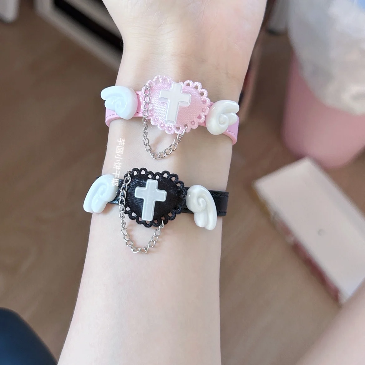 Cute Bracelet Bow Lace Cross Chain Leather Bracelet Japanese Angel Cross Asian Culture Water Color Neck Ring Choker Leg Ring