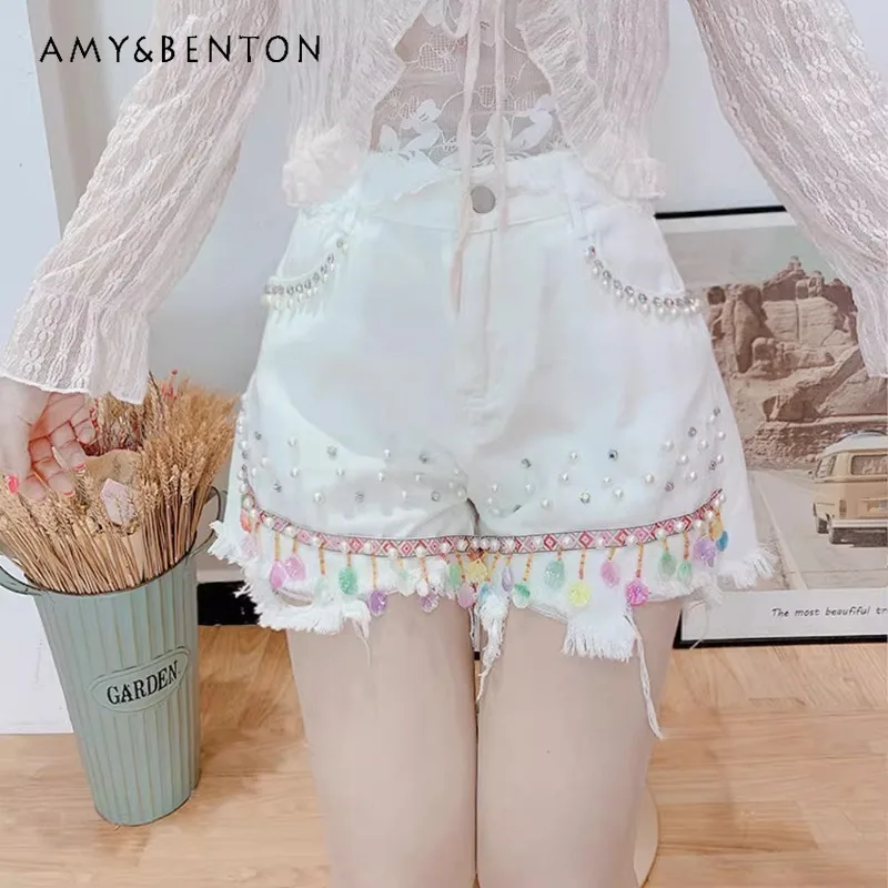 

Denim Shorts Female Summer New Korean Style Sweet Heavy Industry Beads Tassel Sequins Design High Waist Slimming Wide Leg Pants