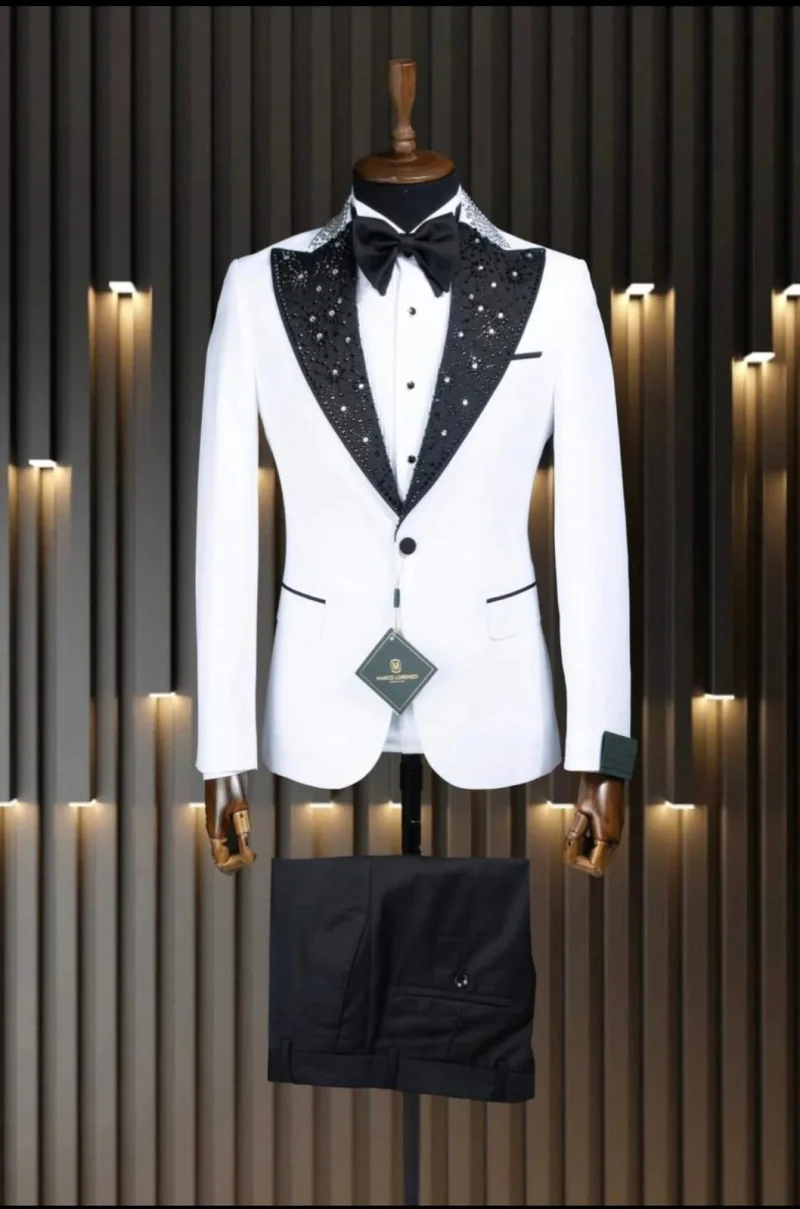 

White Men Suit Set 2 Piece Beaded Blazer+Black Pant Trousers Customized Cotton Formal Office Jacket Prom Wedding Tuxedos Coat