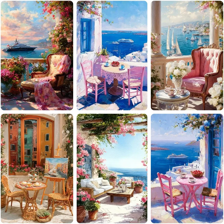 

Balcony Sea Floral Jigsaw Puzzle, Soft Coastal Town Terrace Therapy Meaningful Retirement Home Leisure Entertainment