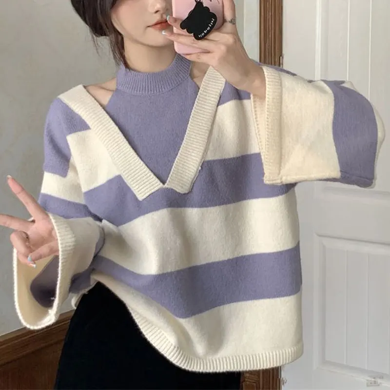 Fake Two Pieces Halter Sweaters Striped Autumn Winter Fashion Off Shoulder Women\'s Clothing Casual Loose Korean Knitted Jumpers