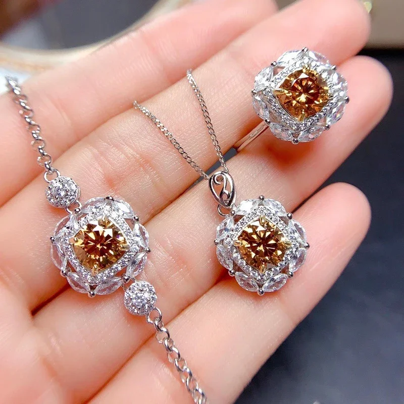 1 Carat Yellow Moissanite Flower Jewelry Set 925 Silver Ring Bracelet Pendant 3 Pieces Suits Wedding Jewelry for Women