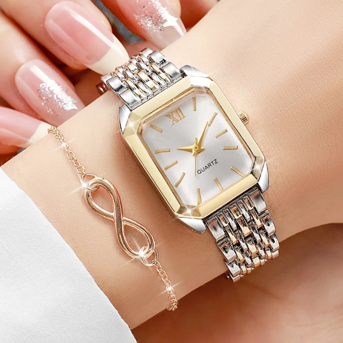 Hot Sale 2Pcs Women's Watch & Bracelet Set, Two-Tone Square Quartz Watch + Rose Gold Infinity Bracelet, Elegant Style