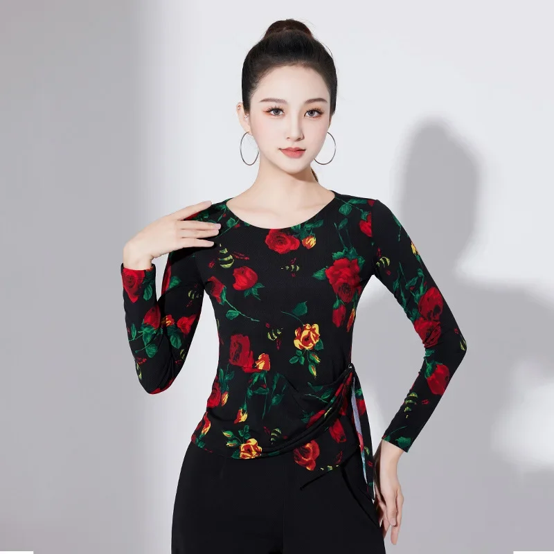 Latin Dance Modern Dancing Practice Clothes Women's Customized High Grade Printed Long Sleeved Top Tango Samba Training Clothing