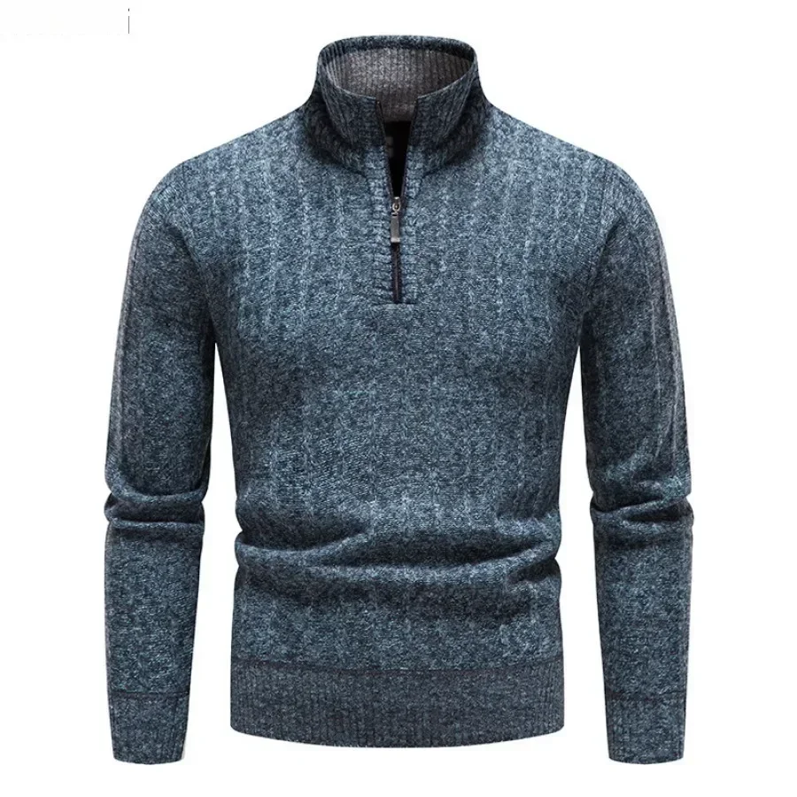 New  Men's Warm Swearters Fashion Half Zip Knitwear Pullovers Winter Thicker Fleece Solid Thermal Knitted Sweaters for Men