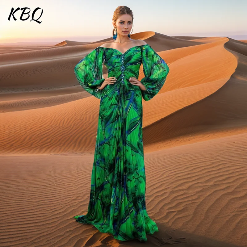 

KBQ Elegant Printing Folds Slimming Dresses For Women Slash Neck Long Sleeve High Waist Temperament Dress Female Fashion Style