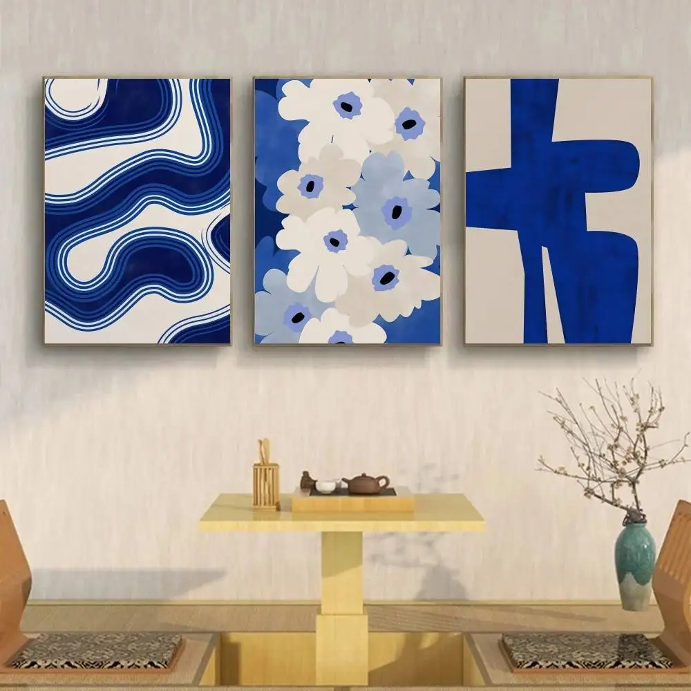 Klein Blue Abstract Line Art Paper Poster Geometric Shape Flower Wave Neutral Beige Boho Living Room Home Wall Decor Unframed