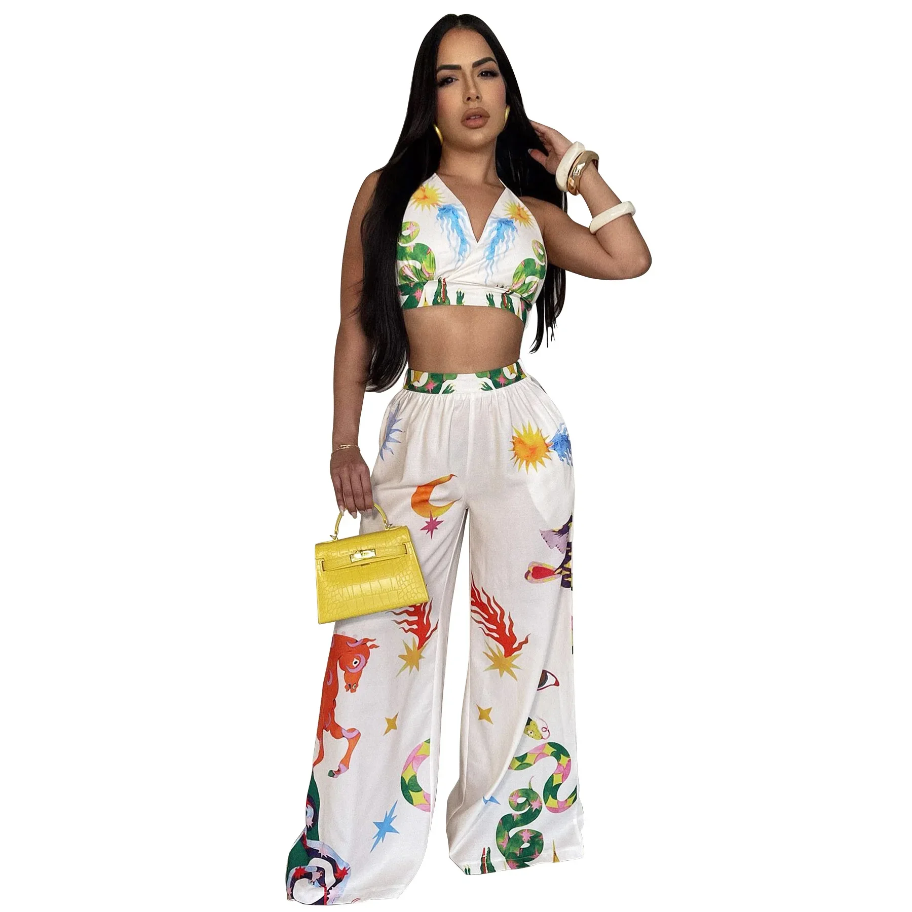 

Женский комплект с принтом, укороченный топ с v-образным вырезом и широкие брюки, лето-весна 2024, пляжный комплект из двух предметов, спортивный костюм