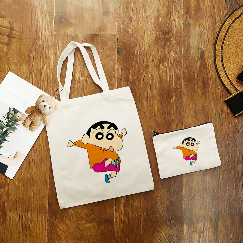 Kawaii Crayon Shin Chan 3pcs Canvas Bag Lovely Dynamic Design Large Capacity Tote Wallet Anime Fans Student Casual Handbag