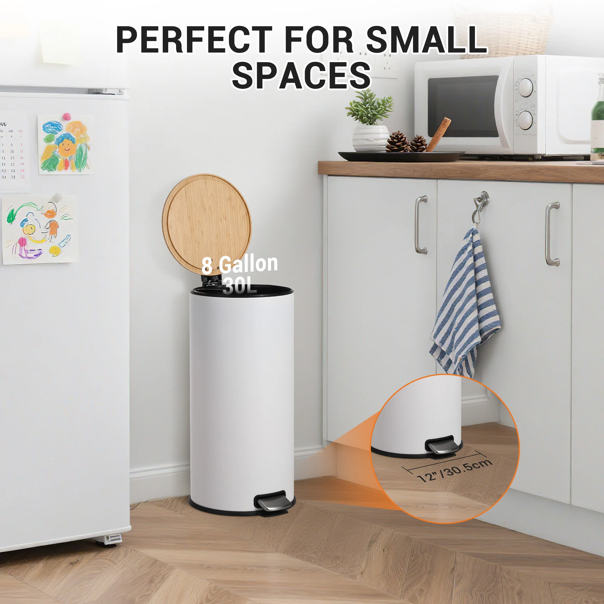Slim Stainless Steel Step Trash Can 8 Gallon/30L  Modern Space-Saving Waste Bin Wood Fiber Soft Close Lid   Removable Inner Liner Fingerprint-Resistant Odor Control