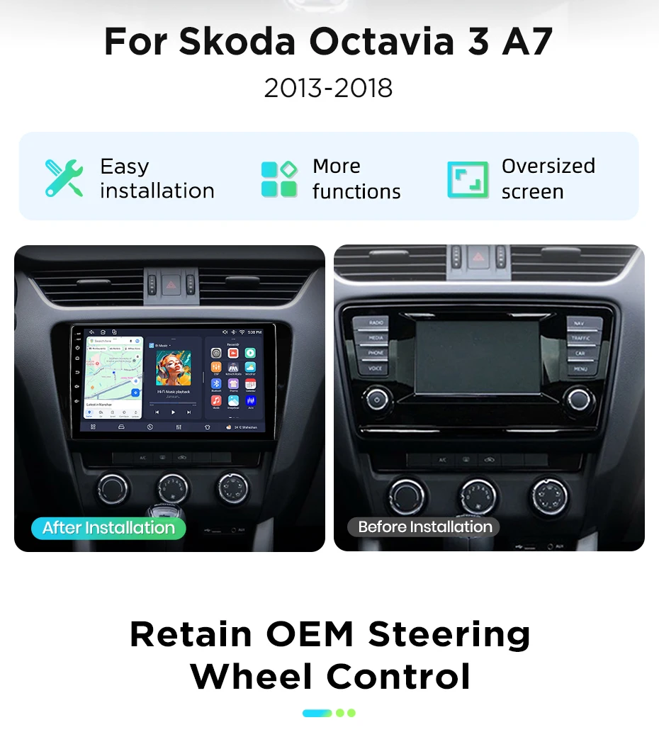 Junsun Kabelloses CarPlay Android Auto Autoradio für SKODA Octavia 3 A7 2013 - 2018 2 DIN Multimedia-Stereoanlage mit Eingebautem Kühlventilator GPS-Navigation SWC Bluetooth FM RDS DSP IPS-Bildschirm Auto-Intelligentes System 4G WiFi – Detail 6