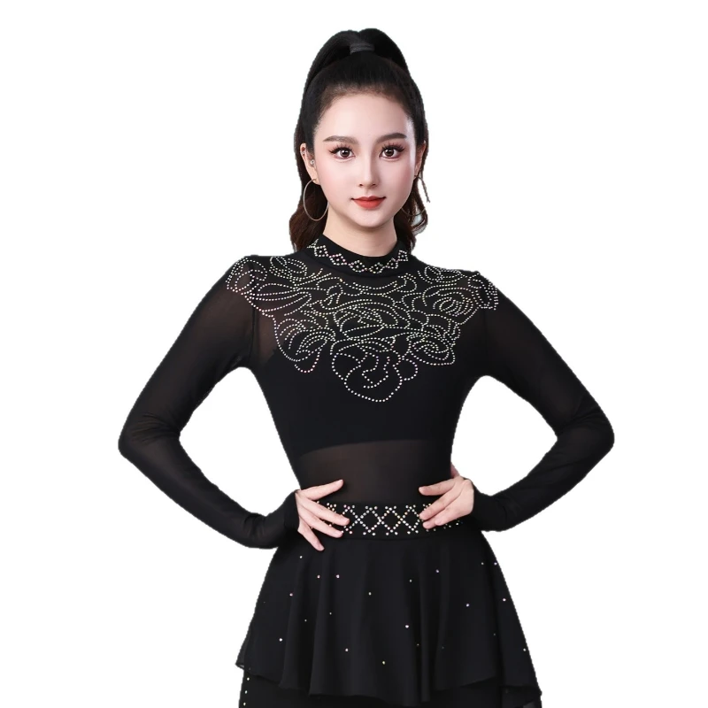 Women's New Arrival Form-Fitting Sexy Mesh Long-Sleeve Bodysuit Modern Dance Latin Dance Costume Ballroom Dance Practice Top