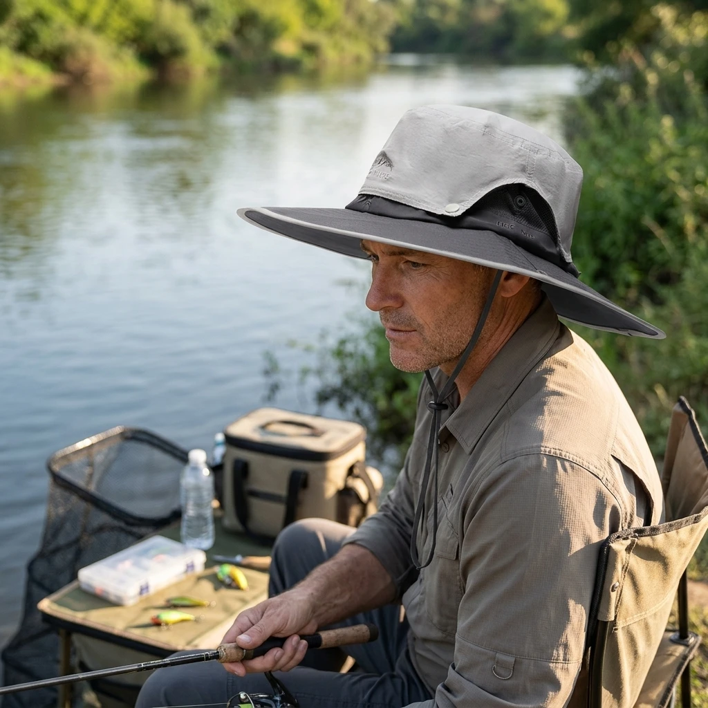

Summer Outdoor Breathable Wide Brim Sun Hat For Fishing UV Protection Polyester Mesh Adjustable Fit For Men Summer Hiking