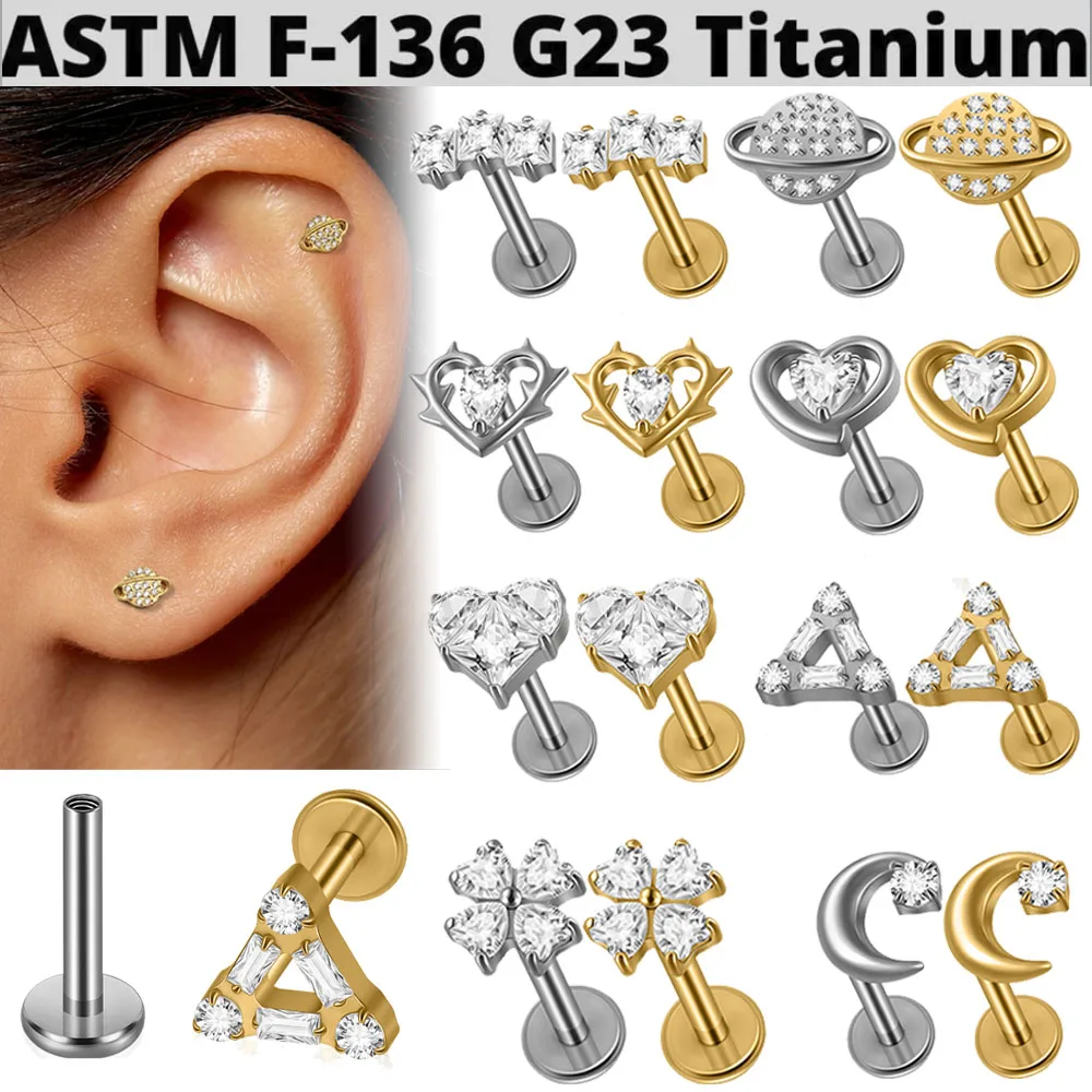 1PC G23 Titanium Moon CZ Internal Thread Labret Piercing Tragus Cartilage Helix Daith Stud Heart Design Earring Body Jewelry