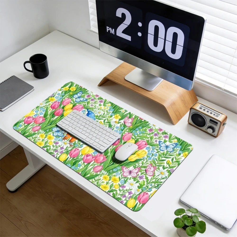 Tulip Garden Fairy E-sports Mouse Pad, High-quality Watercolor Floral Butterfly Table Mat alfombrillas para escritorio desk mat