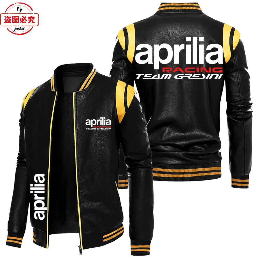 Contrasting color leather jacket Aprilia motorcycle LOGO retro washed pu leather jacket windproof men's autumn and winter velvet