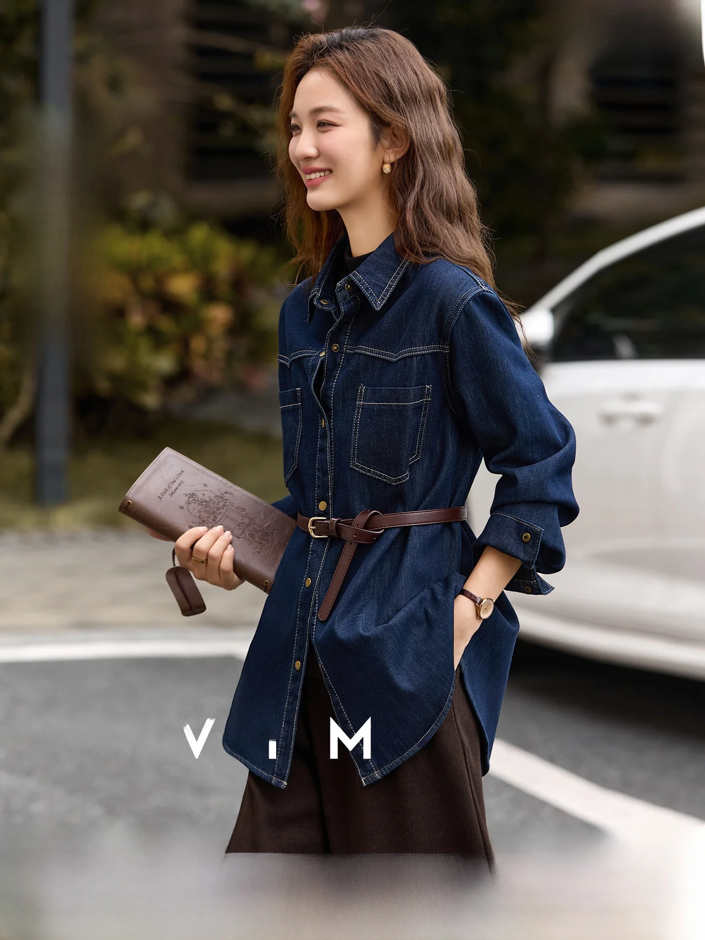 

Thiened Fce Denim irt Jaet Women's Commute Winter New Sle Long Sve Turn-down Collar Casual Cotton Blend Top