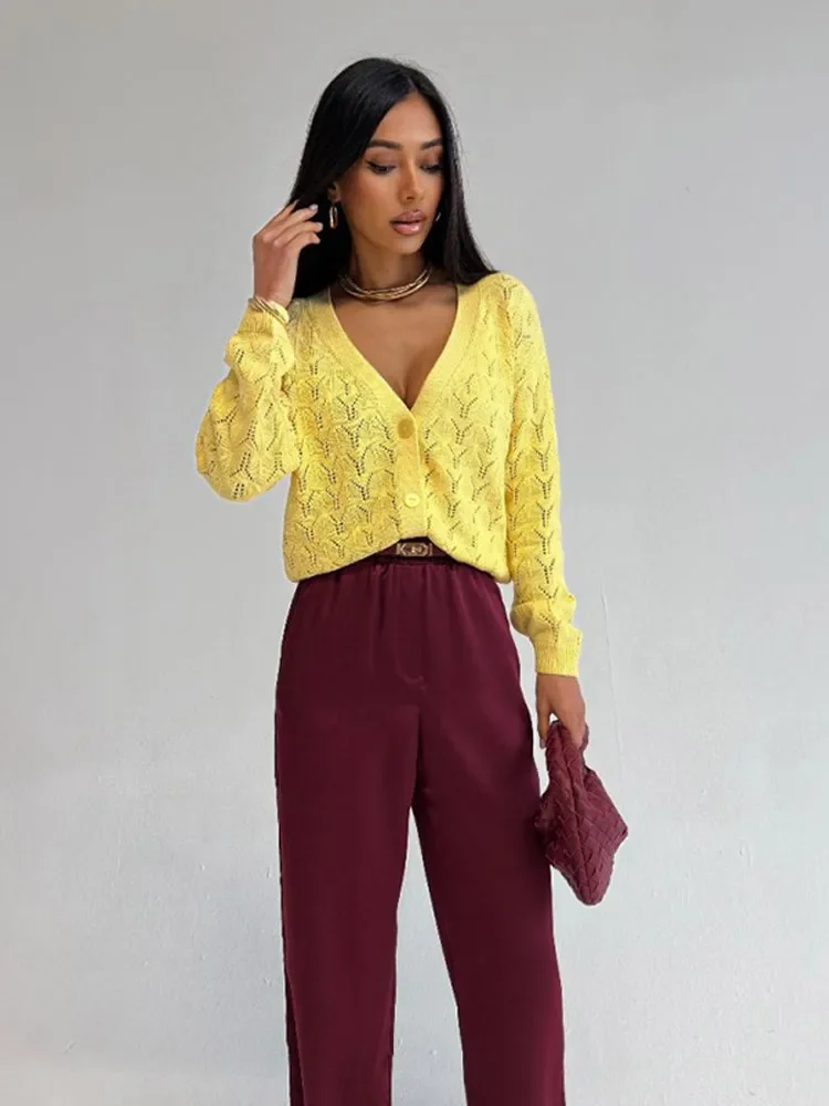 

Women Solid Yellow Hollow Single Breasted Tops Chic V-neck Full Sleeves Knitted Jacket 2025 Office Lady Commute Streetwear New
