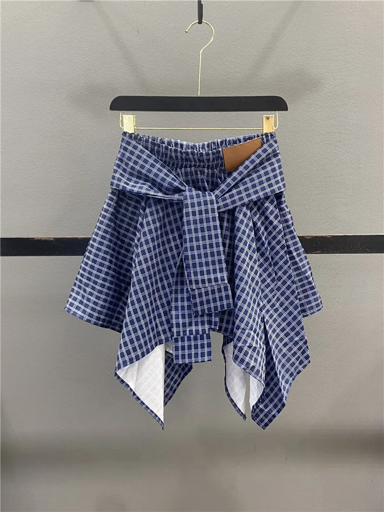 

Casual Plaid Skirt Women's Spring Summer Elastic Waist Slim A-Line Flared Skirt Asymmetrical Short Skirt Design Sense