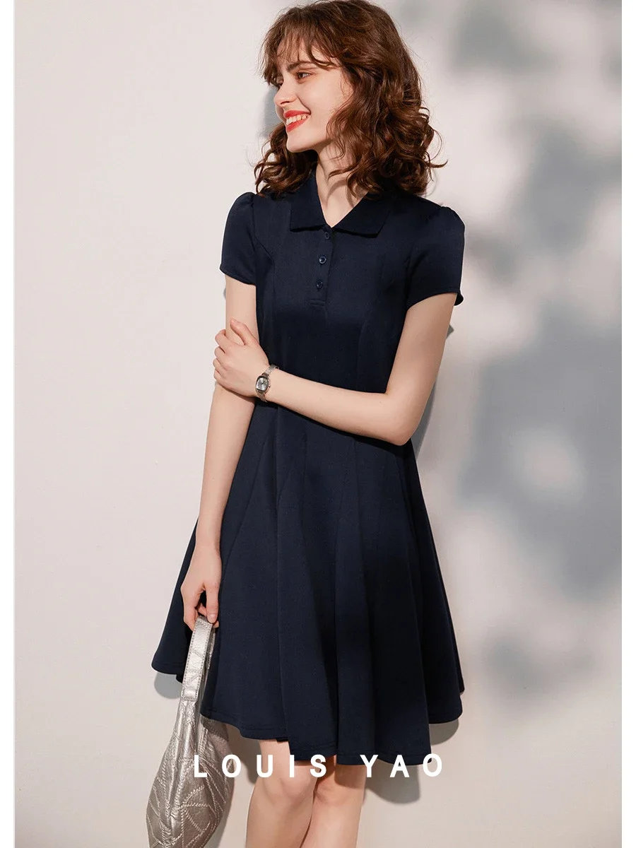 LOUIS YAO Women Pleated Dress 2024 Summer Casual Polo Neck Short Sleeve Elegant Slim Fit Women Dress