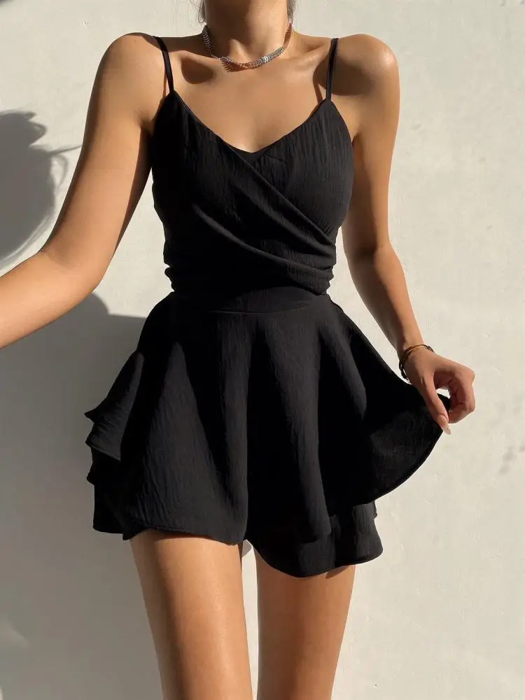 Pelele con volantes estilo Y2K para mujer, mono ajustado con tirantes y tirantes, mono informal con rosca, falda elegante, pantalones a la moda