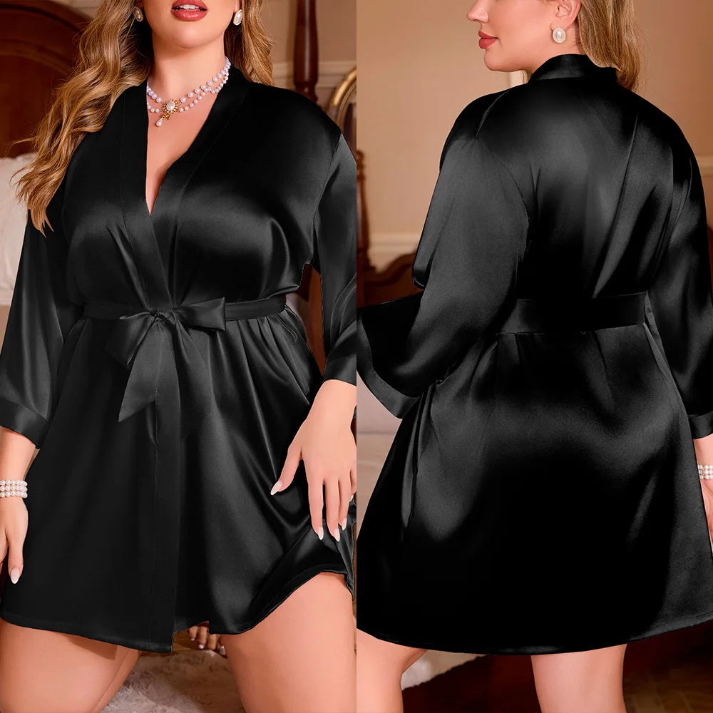 

5Xl Sleepwear Robe Solid Color Women Negligee Kimono Bathrobe Summer Fashion Ladies Satin Nightgown Loose Loungewear