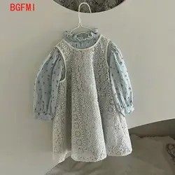 Korean Children's Clothing Girl Set Spring New Children's Floral Long Sleeved Flower Princess Dress + Beige Vest Dress 2 Pcs Set